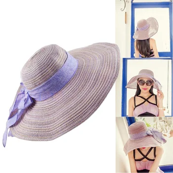Medvilnės ir lino lankas-surišti šiaudų skrybėlę su dideliais kraštų saulės skrybėlę su apsauga nuo saulės ir UV lankstymo paplūdimio skrybėlę