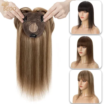 SEGO 10x12cm Žmogaus Plaukų Rėžtuvės Tiesiai Moterų Topper Plaukų Perukas Gamtos Hairpieces Su Kirpčiukais 3 Įrašai Plaukų priauginimas
