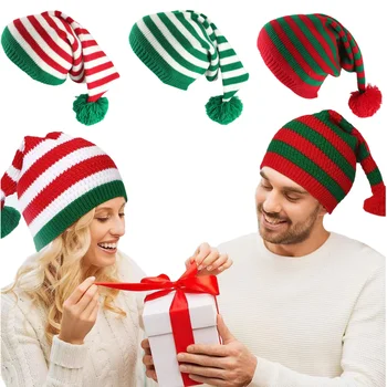 Kalėdų Megzti Elf Skrybėlės Kalėdos Kepuraitė Santa Skrybėlę su Pompom Dryžuotas Žiemos Skrybėlės, Tūrinės Šiltas Nėrimo Kepurės Moterims, Vyrams
