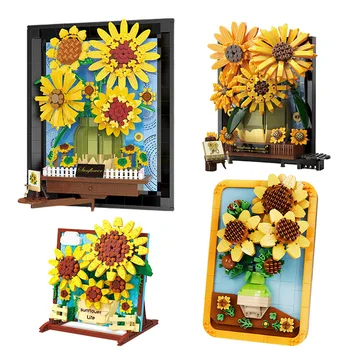 Kūrybos Van Gogo Saulėgrąžų Vazoninių gėlių Puokštę 3D Modelio Blokai Saulės, Gėlių nuotraukų Rėmelį, Namų Apdailos Plytų Žaislas Mergina Dovana
