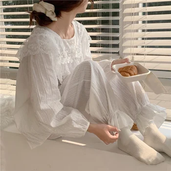 Korėjos medvilnės rūmuose Nėrinių Princesė stilius sweet home drabužius Pajama Rinkinys