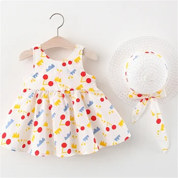 Vasaros Baby Girl Dress Mielas Geometrinis Spausdinti Atgal Kietosios Mažų Sparnų Dirželis Suknelė, Skrybėlė