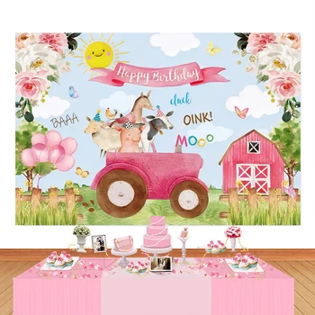 Rožinė Ūkio Gyvūnų Tema Fonas Fotografijai Gimtadienio Kaimo Klėtis Šalies Traktoriaus Baby Kid Fone Dekoras Reklama Šalies Prekių