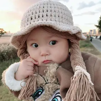 Mados Kūdikių Mergaičių Pintas Perukas Smakro Dirželis Megzti Dangtelis Kibiro Kepurę Foto Prop