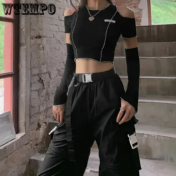 WTEMPO Moterų Kratinys Black Marškinėliai Gotikos Vienos Pečių Rankovės Y2K Apkarpyti Viršūnes Ruffles Hem Hip-Hop Moterų Tees Streetwear
